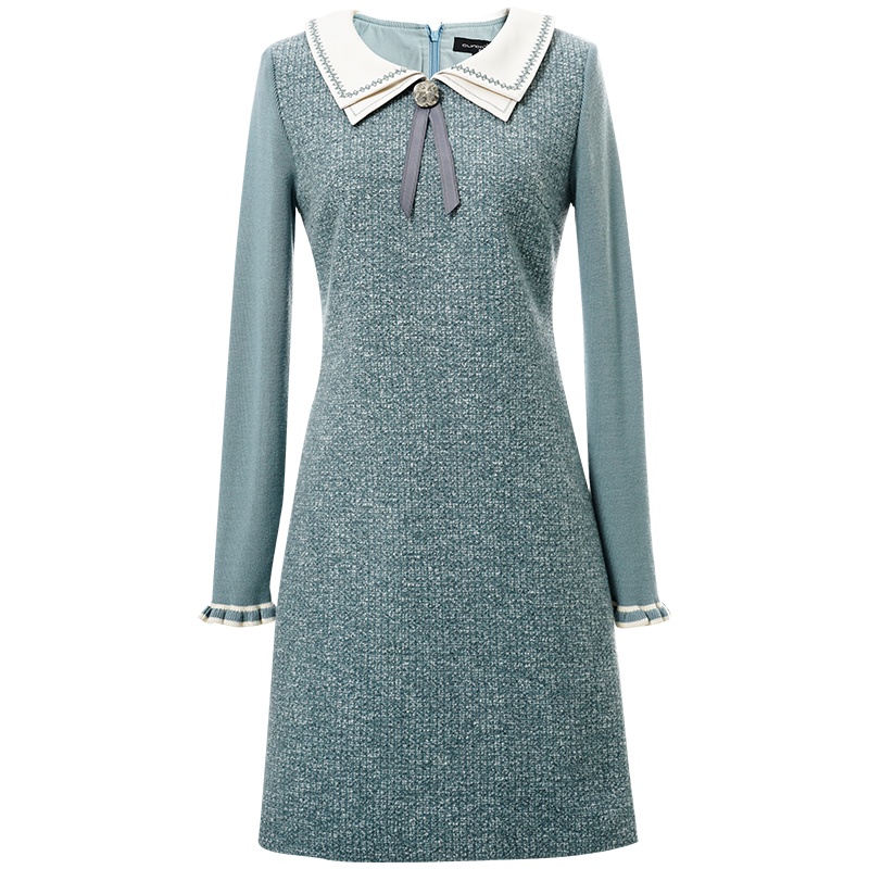 OUNIXUE欧昵雪 | [假两件拼接裙子]秋冬季复古双层翻领绣花修身连衣裙女士