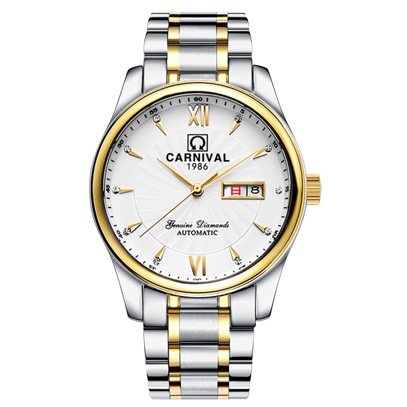 瑞士嘉年华CARNIVAL手表名匠商务男士系列双日历全自动机械表 男防水大三针镂空背透精钢男表正装时尚腕表8670G