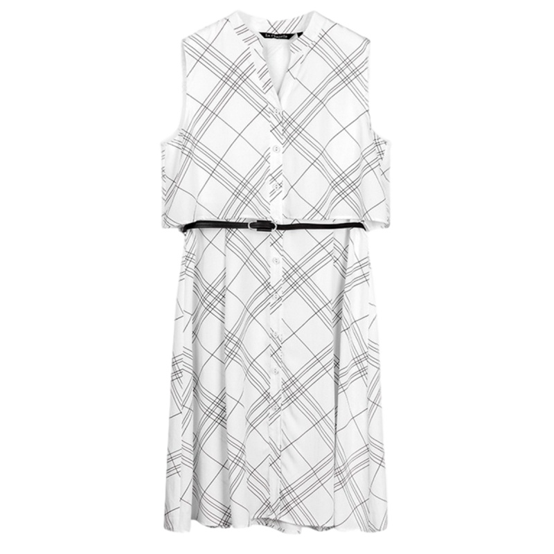 拉夏贝尔拉夏贝尔夏无袖连衣裙女OL风端庄大气假两件宽松衬衫裙 格子混色 S