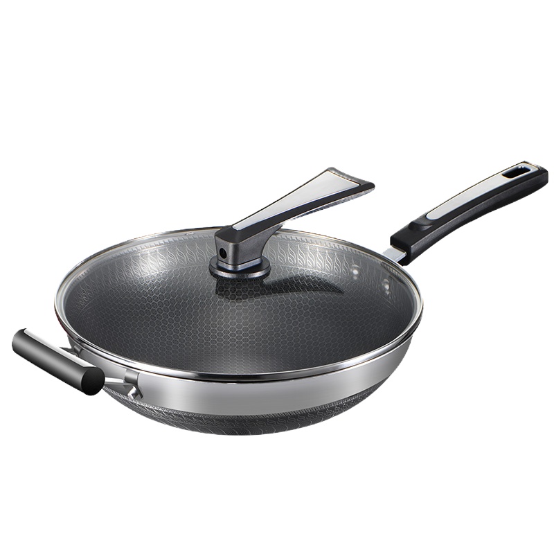 双枪316不锈钢不粘锅家用炒菜锅电磁炉煤气灶专用无烟平底锅锅具有副耳