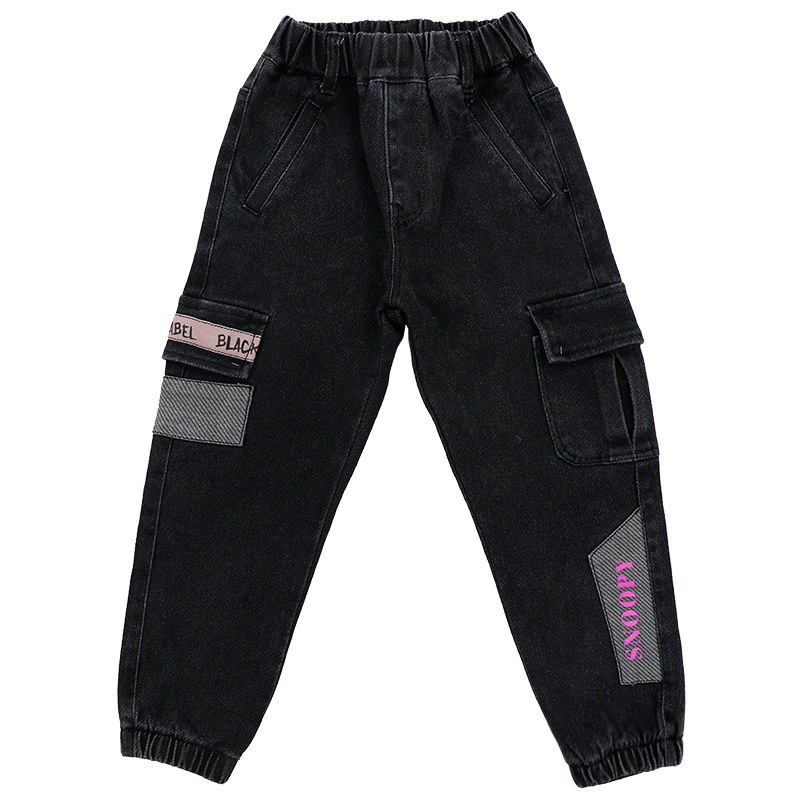 史努比女童牛仔裤秋季中大童新款宽松束口松紧腰12岁儿童休闲长裤 S2034310