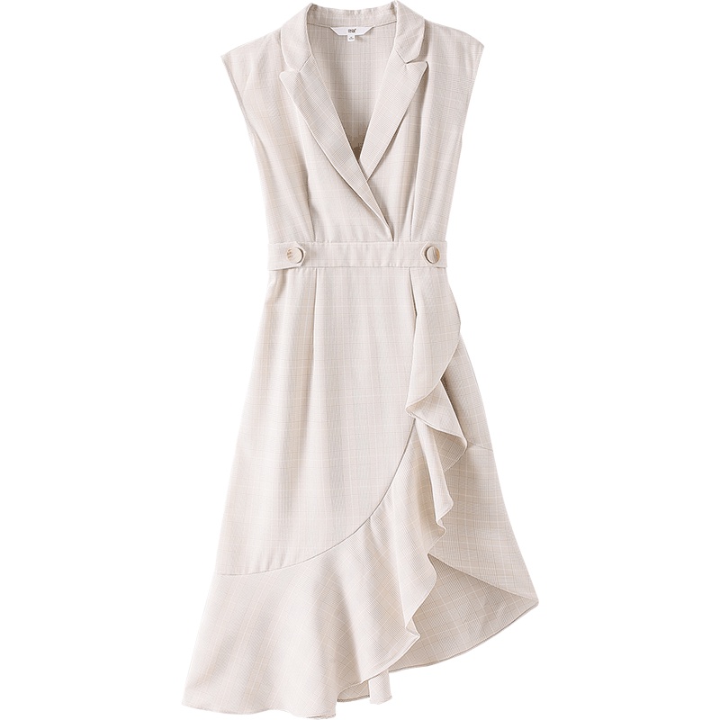 OSA欧莎无袖连衣裙2019新款夏收腰不规则荷叶裙子复古格子西装领