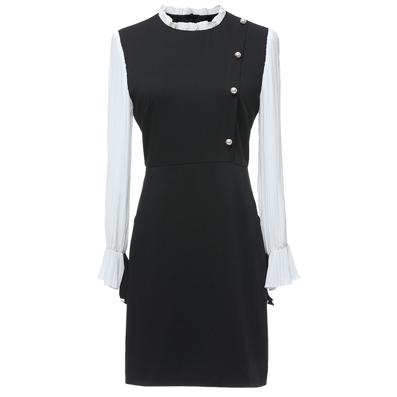 欧昵雪秋装木耳边立领百褶雪纺长袖拼接撞色连衣裙女短裙