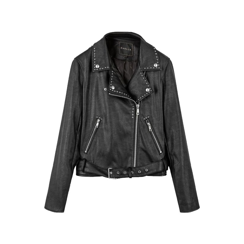拉夏贝尔Puella春季女装铆钉西装领朋克皮衣女短款皮外套20010653