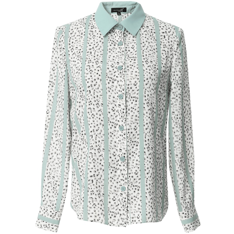 欧昵雪秋装撞色polo领拼接长袖竖条纹衬衫女印花豹纹衬衣