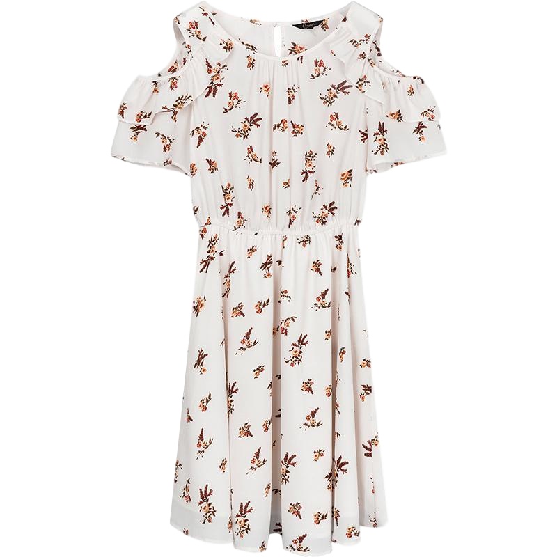 拉夏贝尔裙子女新款夏季女装荷叶边碎花收腰露肩裙短款A字吊带连衣裙_770 S 印花混色