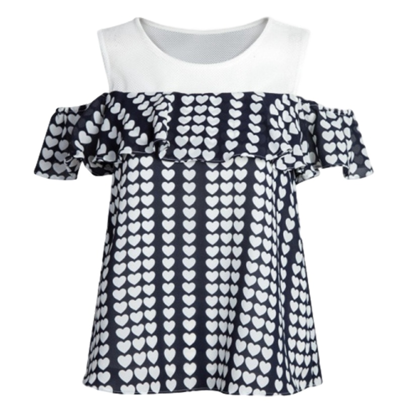 【福利款】拉夏贝尔印花混色露肩蕾丝雪纺T恤