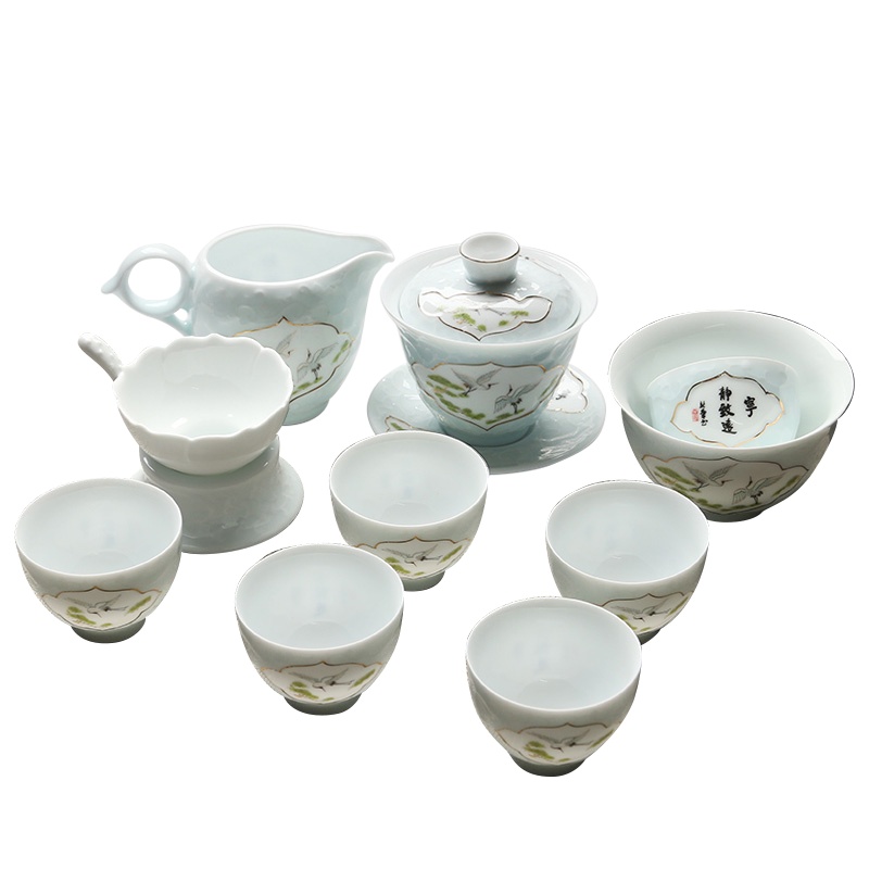 苏氏陶瓷(SUSHI CERAMICS)茶具套装手工描金影青宁静致远配小杯茶洗带礼盒精品陶瓷茶具组(盖碗)