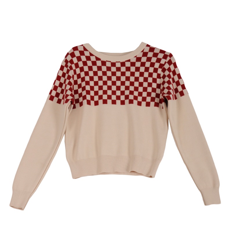 拉夏贝尔Laetia新款针织女短款复古格子套头长袖打底毛衣911611823