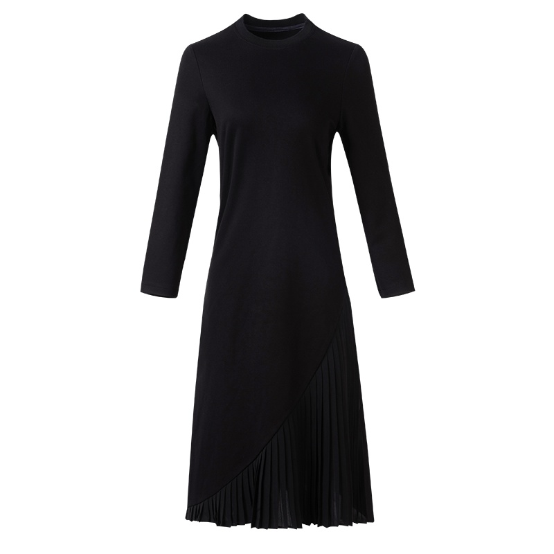 晩白 新品通勤简约职业纯色圆领修身显瘦中长款百褶连衣裙女