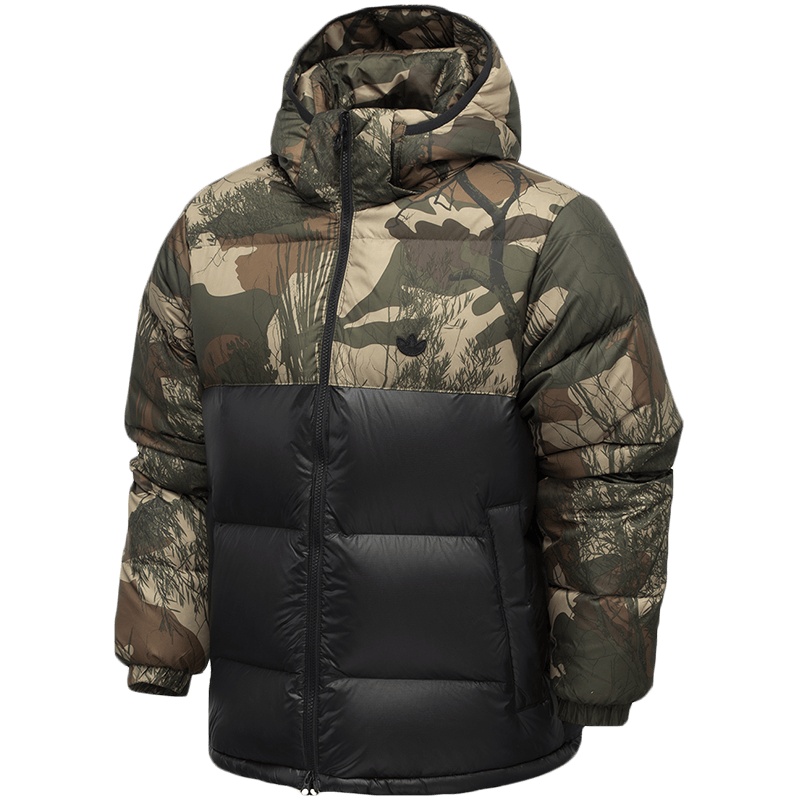阿迪达斯三叶草男服羽绒服迷彩两面穿连帽休闲运动服GH1486