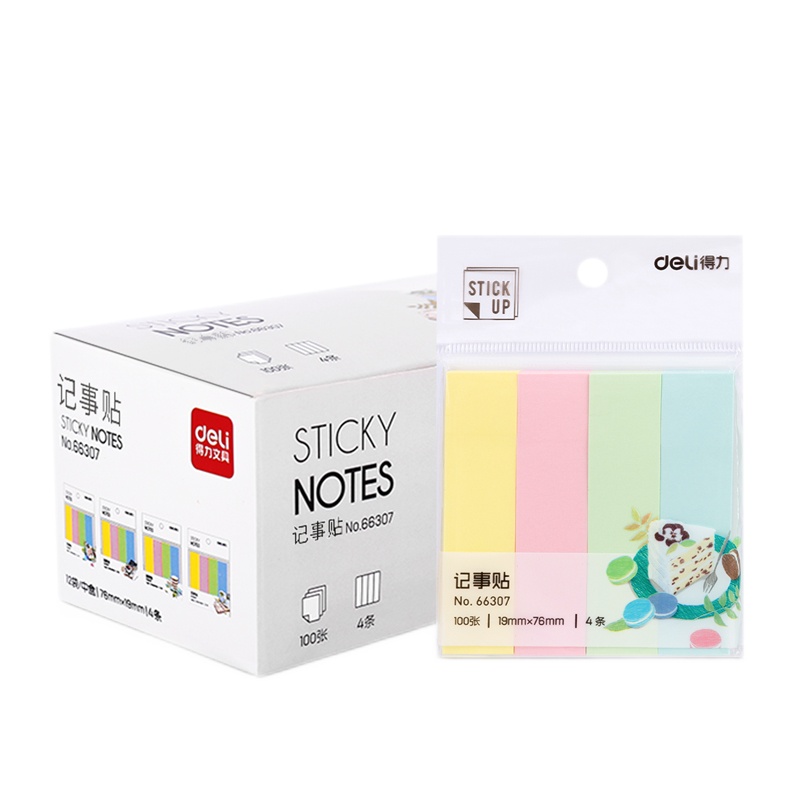 得力 便签便利贴 办公记事贴 N次贴 便利贴 76*19mm四色 5包装 66307-5