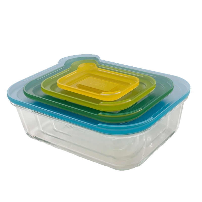 [食物保鲜]英国Joseph Joseph 保鲜盒可微波玻璃密封饭盒 易收纳彩色密封盒 4件套