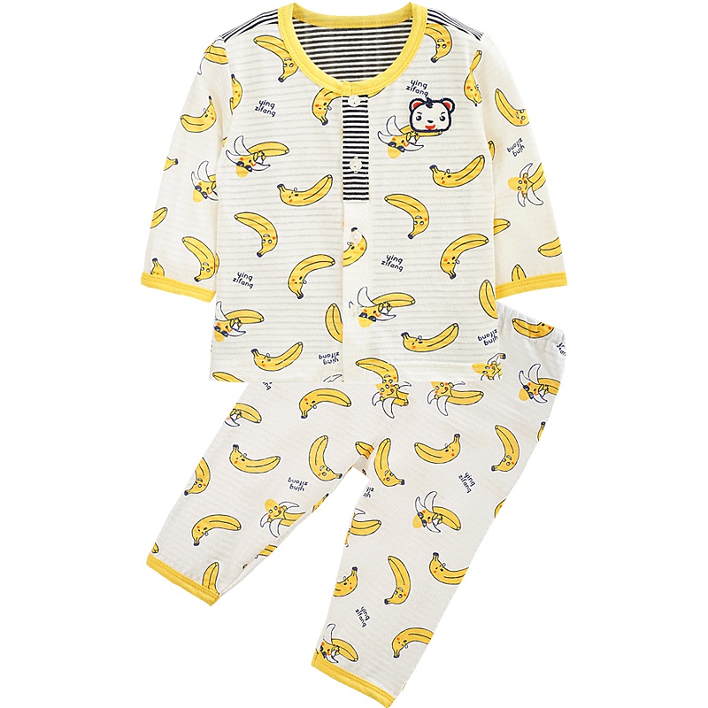 男童花色拼接长袖圆领肩开扣两件套