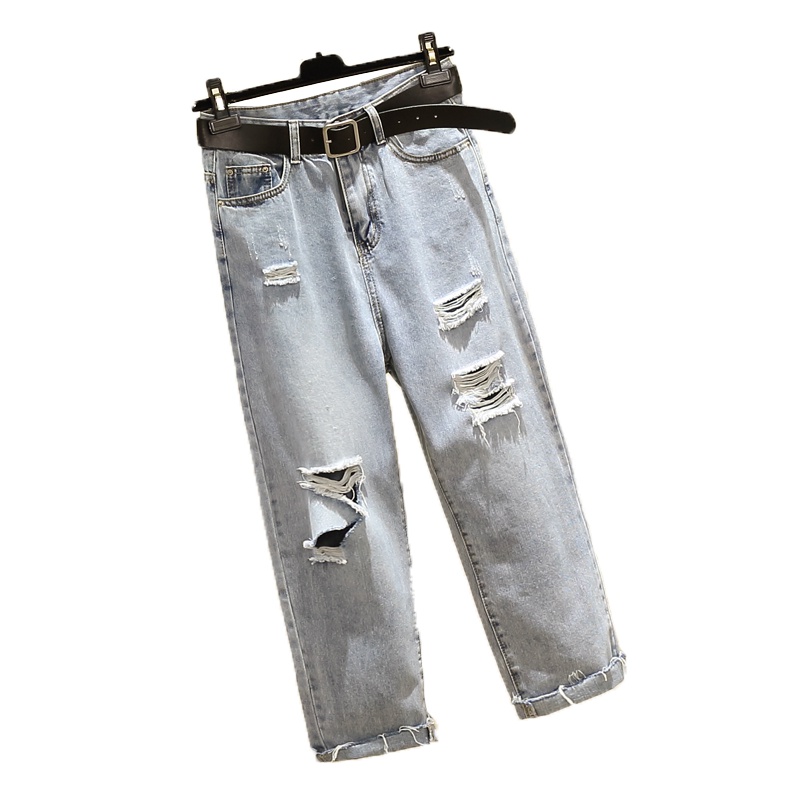 实拍 破洞牛仔裤女大码胖MM直筒宽松高腰九分哈伦裤子老爹裤