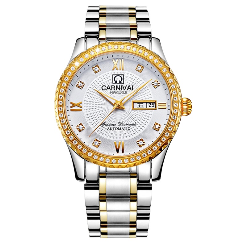 嘉年华CARNIVAL手表新款男士全自动机械表 男表时尚满天星镶水钻防水夜光精钢带腕表双日历星期显示休闲商务复古8629