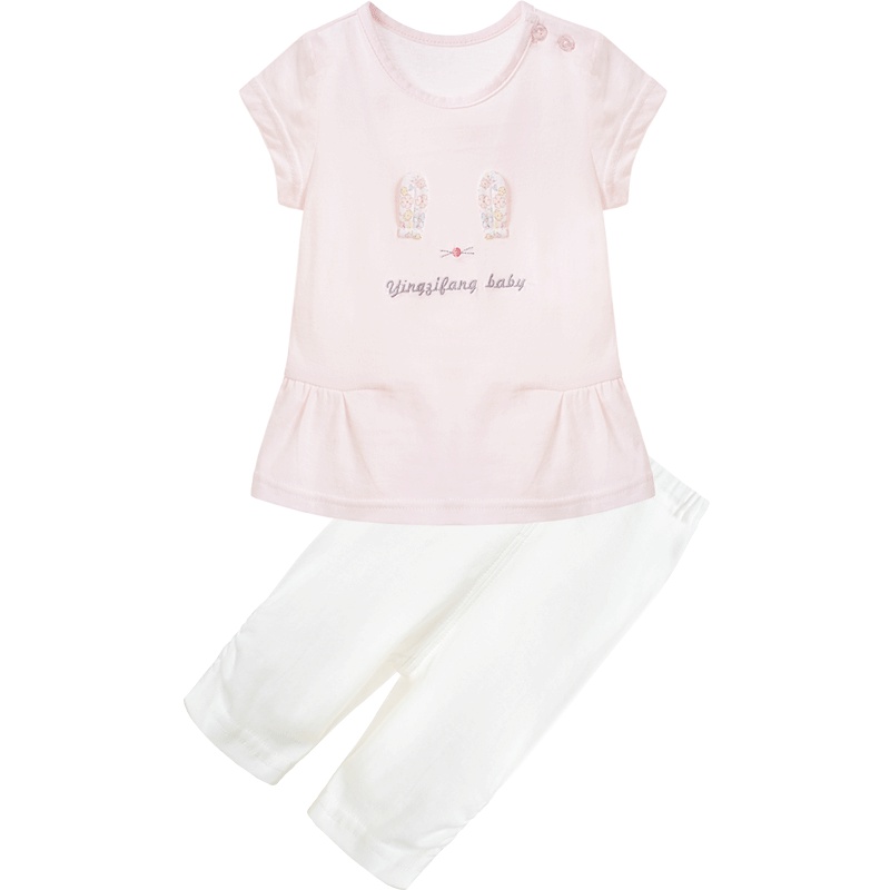 女童夏季肩开扣圆领纯色荷叶边裙摆两件套3-36月66-100码