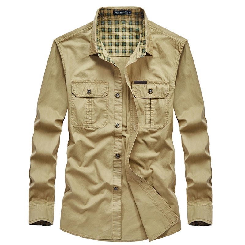 JEEP SPIRIT吉普衬衫男2021秋季新款纯色刺绣上衣宽松大码中青年男士衬衣