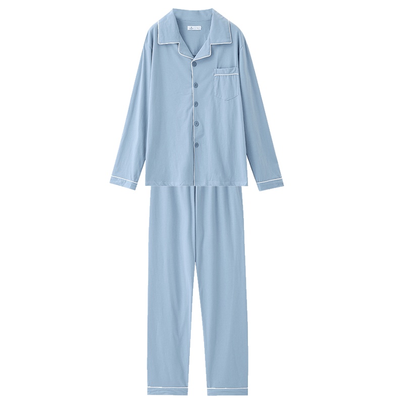 都市丽人简约开衫翻领长袖舒适棉质男士家居服情侣睡衣4H9101