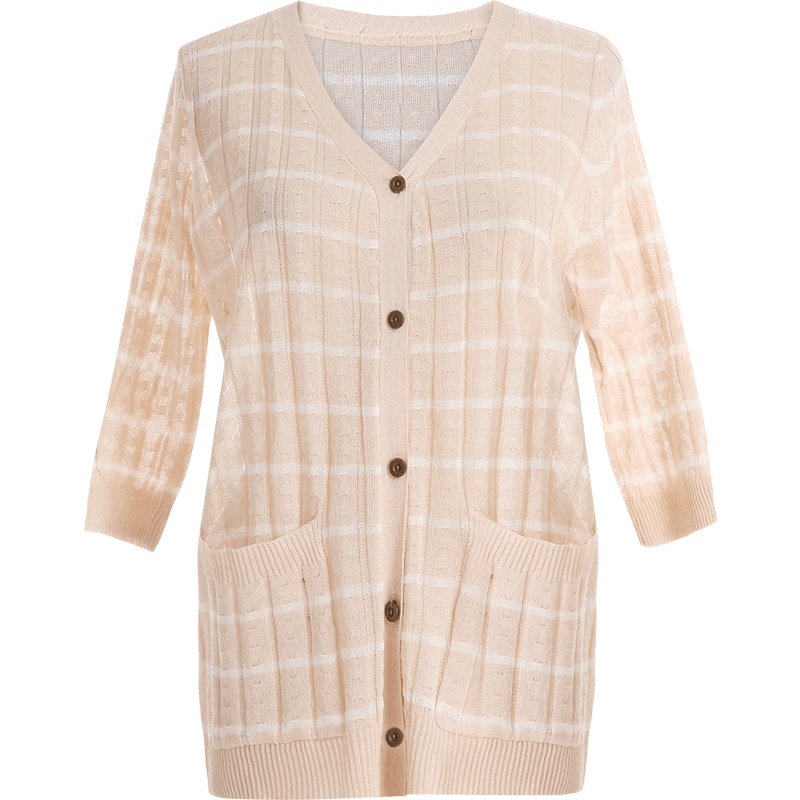 欧昵雪夏季V领五分袖条纹针织外套女薄款开衫上衣