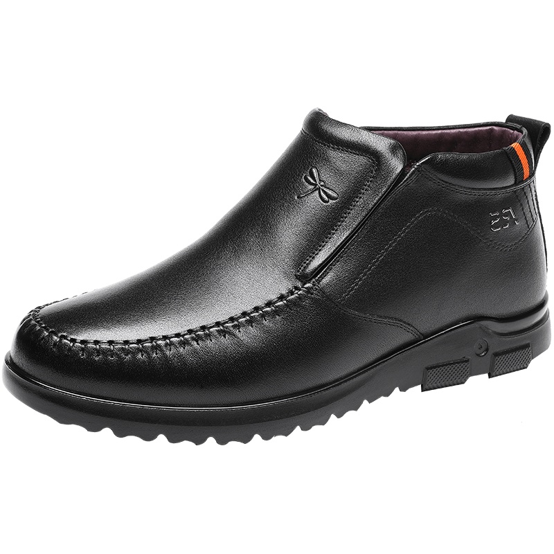 红蜻蜓男鞋冬季新款商务休闲皮鞋加绒保暖一脚蹬懒人爸爸棉鞋