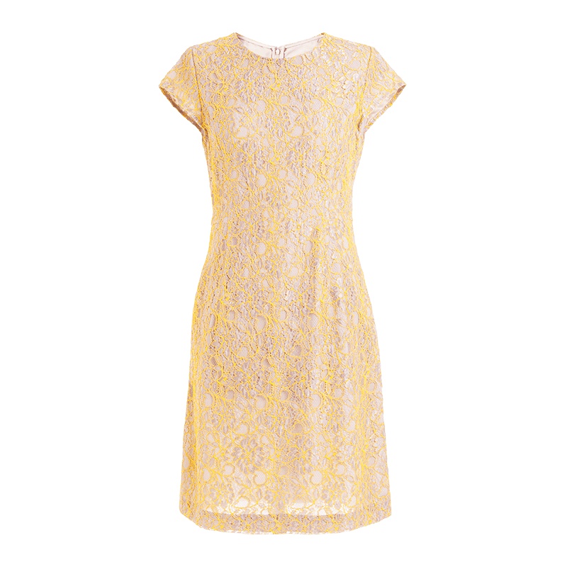 鄂尔多斯ERDOS 春夏欢悦系列优雅修身圆领蕾丝连衣裙短袖后拉链裙