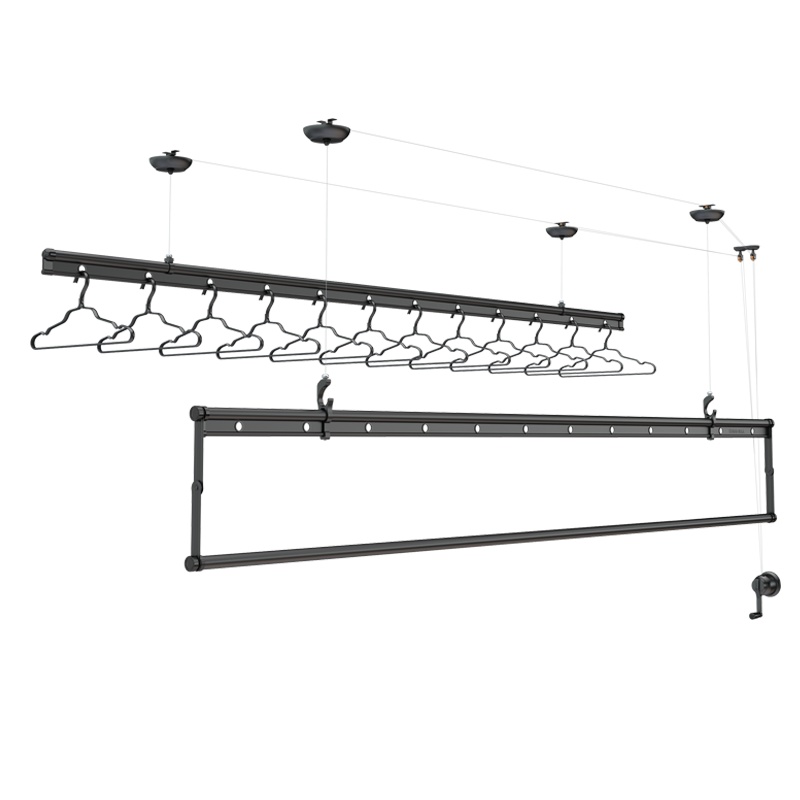 好太太升降晾衣架手摇四杆晒衣架家用阳台晾衣杆四杆式手动挂衣架D-1085素雅黑+4杆+12个衣架+保修三年