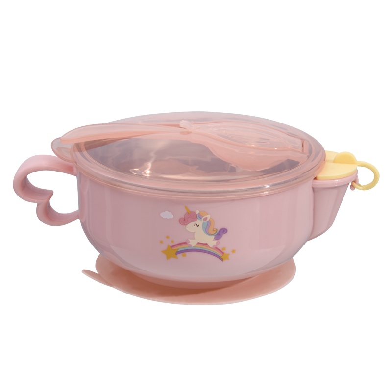 开优米(Kiuimi)儿童不锈钢餐具宝宝注水保温碗吸盘碗带勺子带吸盘辅食碗婴童碗冬季 粉色3件套