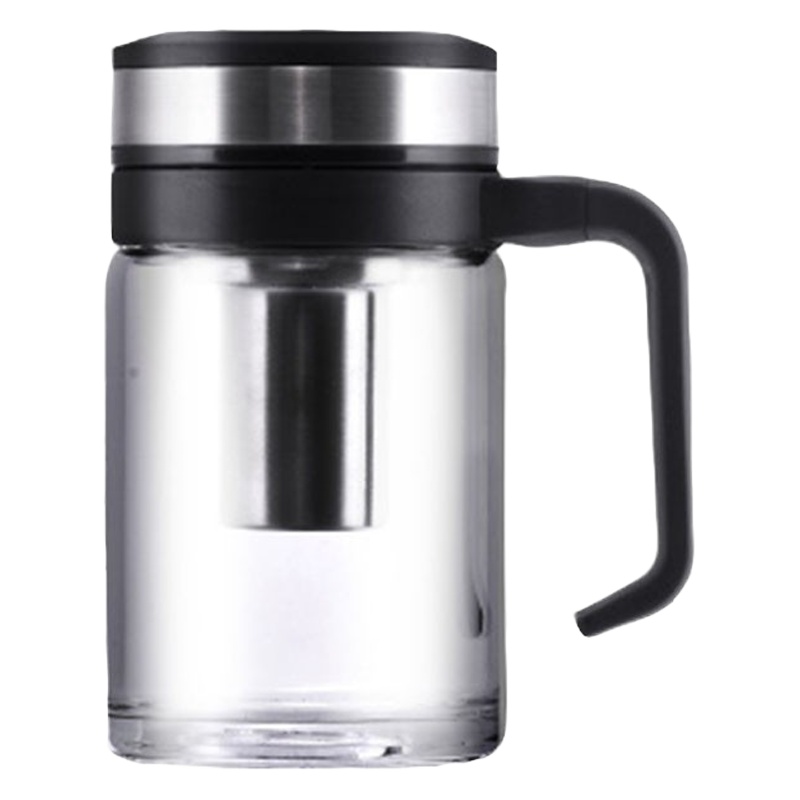 万象单层玻璃杯家用办公室泡茶杯带把手柄杯子男士商务带茶漏过滤网茶隔 U214黑U-480ml