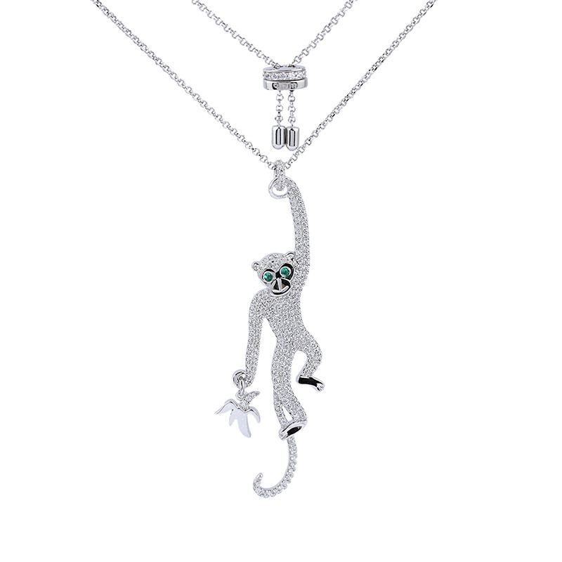 APM Monaco银镶晶钻灵猴项链女 毛衣链锁骨链 动物设计感颈链银饰