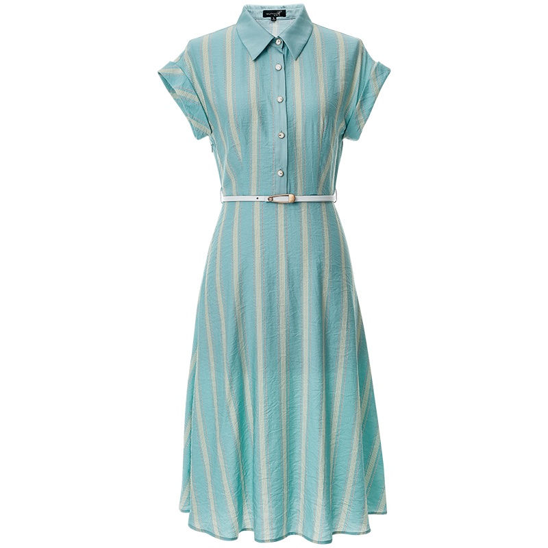 欧昵雪腰带夏时尚拼色条纹衬衫裙收腰显瘦连衣裙女