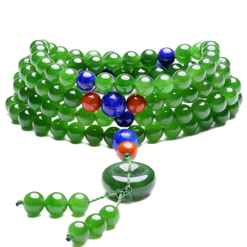 月印百川 和田玉碧玉108颗手串碧玉平安扣多层多圈圆珠手链