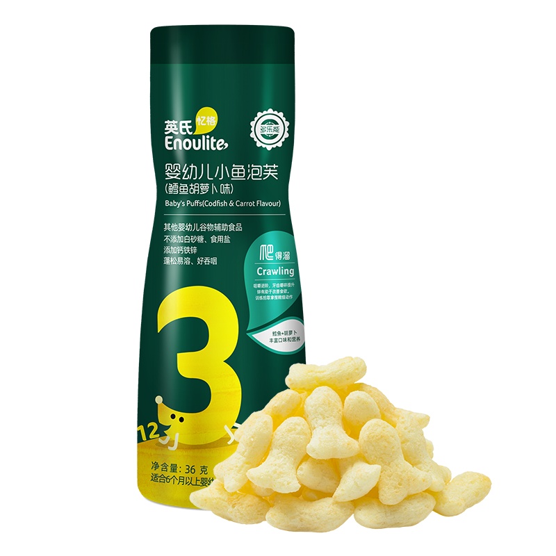 英氏(Enoulite)多乐能小鱼泡芙鳕鱼胡萝卜味 36g 罐装 3阶 宝宝零食辅食泡芙 儿童小吃 非油炸膨化