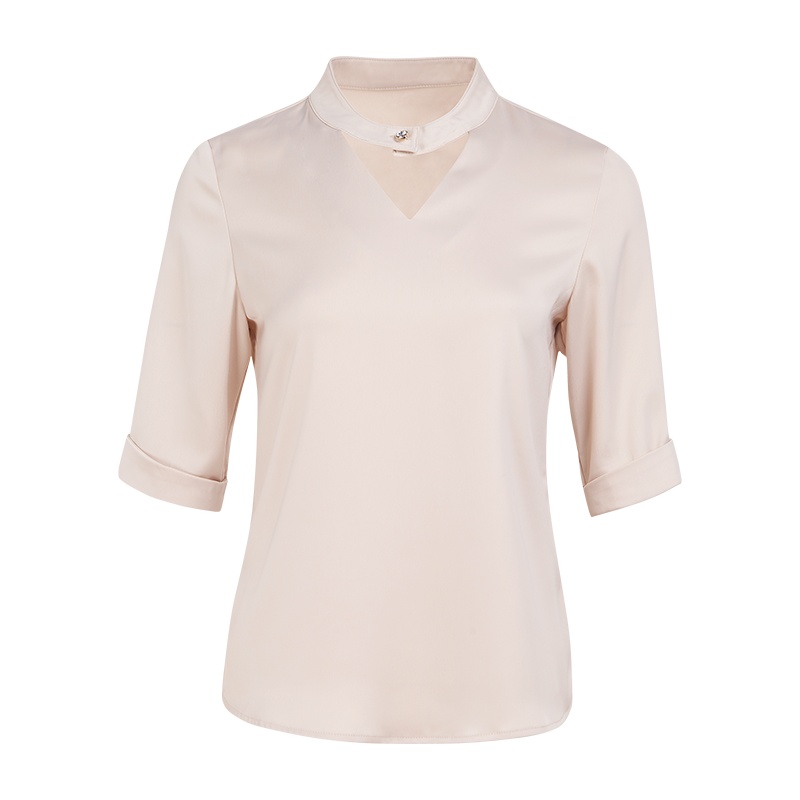 晩白 新品简约优雅镂空V领通勤职业中袖套头纯色上衣衬衫
