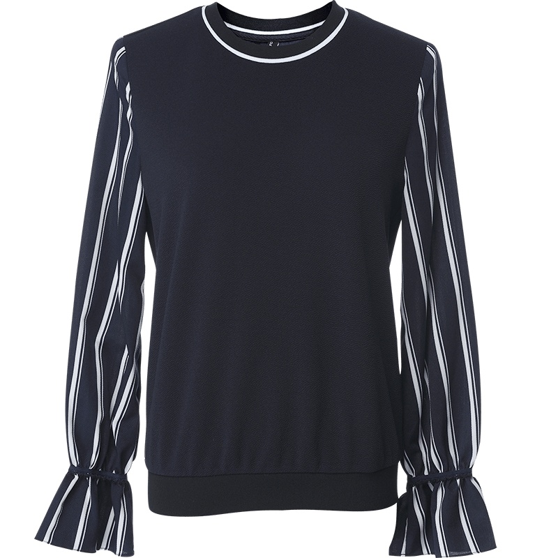 欧昵雪条纹喇叭袖拼接圆领T恤女长袖短款套头卫衣