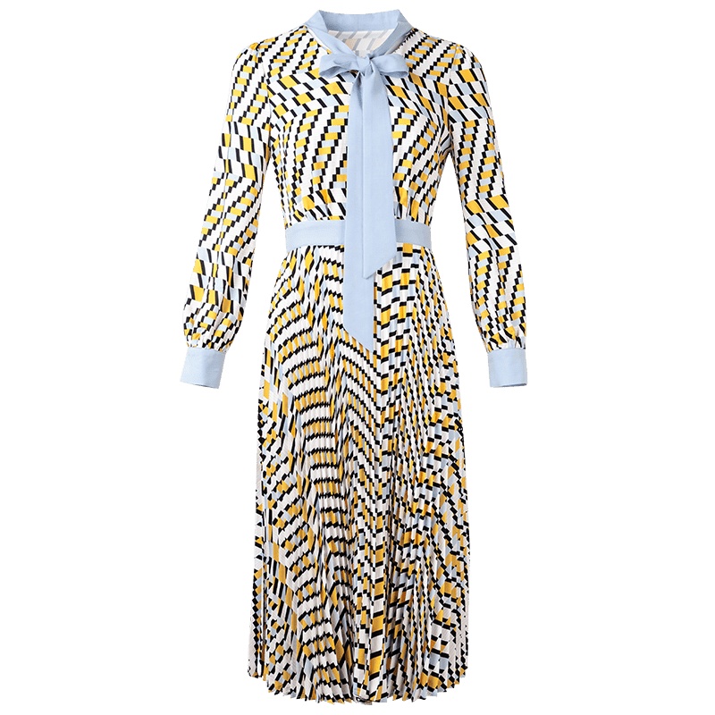 晚白2020秋季新品时尚百搭系带领长袖修身百褶裙雪纺印花连衣裙女