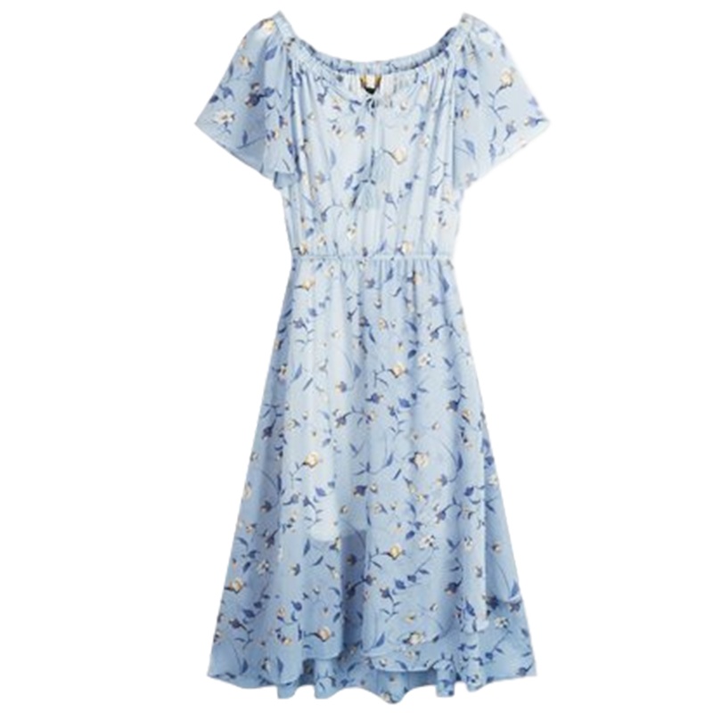 【苏】Laetia拉夏贝尔夏女式碎花连衣裙女雪纺裙高腰修身一字肩中长裙