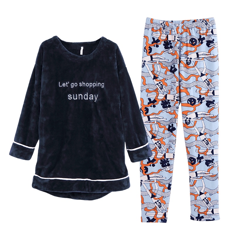 双面珊瑚绒素色绣字母长袖女套装