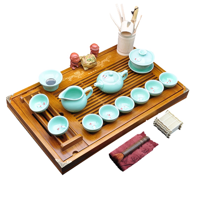 唐宏坊 双龙戏珠茶具套装 整套茶具 实木茶盘 茶具 青瓷兰鱼 整套功夫茶具套装