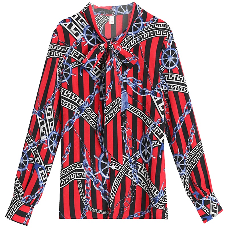 恒源祥印花衬衫女春秋长袖条纹图案系带衬衣宽松休闲中年女装上衣