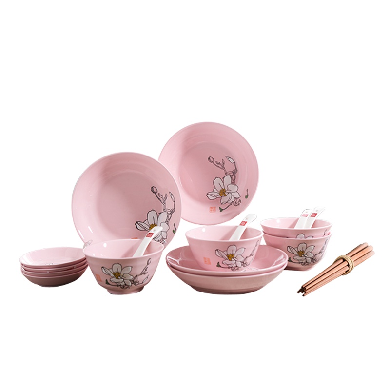 顺祥陶瓷缤纷20头釉下彩(一花一世界-粉)碗碟套装餐具套装碗碟盘勺子筷子家用套装家用餐具四人食家用套装餐具 苏宁自营