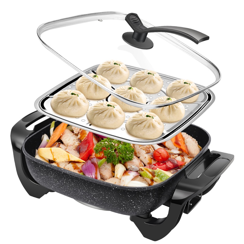 益多电火锅电炒锅家用多功能电煮锅电热锅电蒸锅不粘锅 大容量多用途锅多段火力调节带蒸片B-2