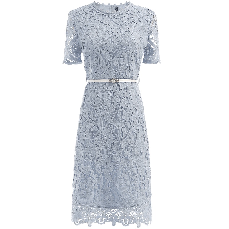 欧昵雪夏季花边拼接圆领收腰镂空蕾丝连衣裙女短袖a字裙