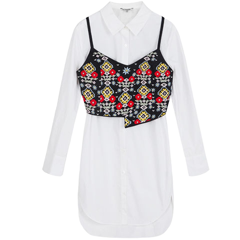 拉夏贝尔秋装新款韩版复古拼接显瘦气质方领衬衫连衣裙女10013969