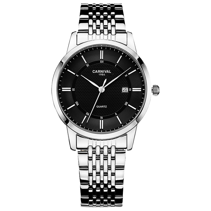 嘉年华Carnival正品手表男士石英表 男表商务精钢休闲真皮表带腕表防水日历男表简约薄款钢带可选8922