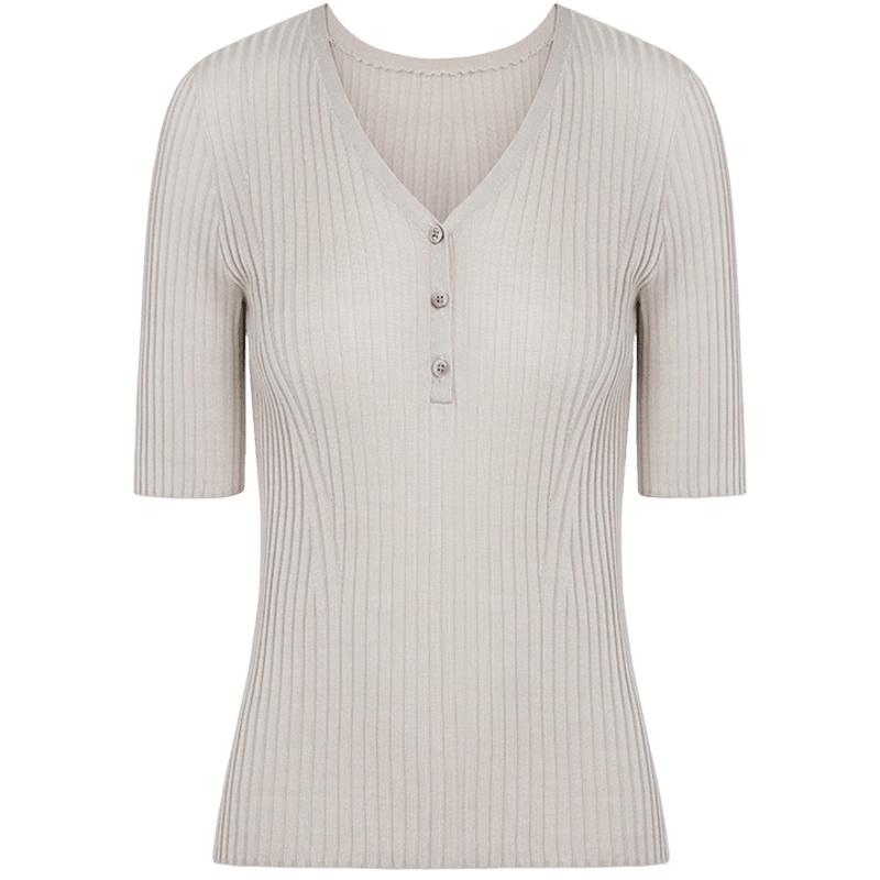 鄂尔多斯ERDOS 春夏100%桑蚕丝轻薄透气V领纯色五分袖百搭女士针织衫/毛衣