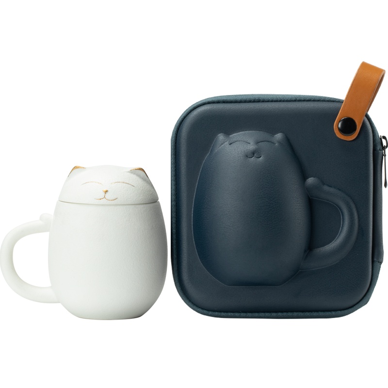 苏宁宜品认证 陶瓷马克杯带盖过滤水杯茶水分离个人泡茶杯福猫杯子