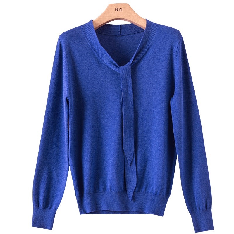 晚白2020冬季新品系带围巾领长袖纯色休闲百搭毛衣打底衫针织衫女