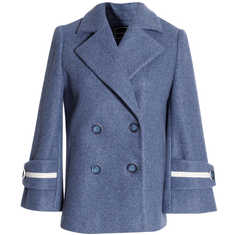 欧昵雪冬季双排扣宽松九分袖小个子短装毛呢外套女大衣