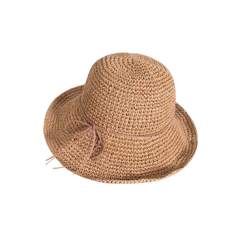 宏达HONDAR 女夏沙滩草帽子海边大檐帽韩版潮百搭休闲简约蝶结手工编织遮阳草帽
